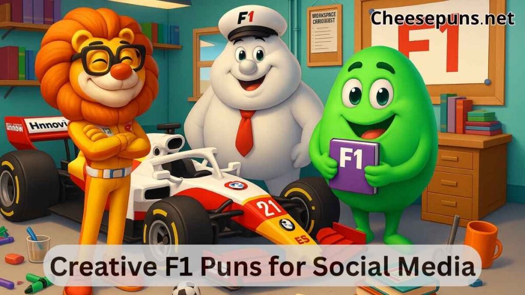 An engaging illustration of 200+ F1 puns, designed to entertain and uplift racing enthusiasts with clever wordplay.