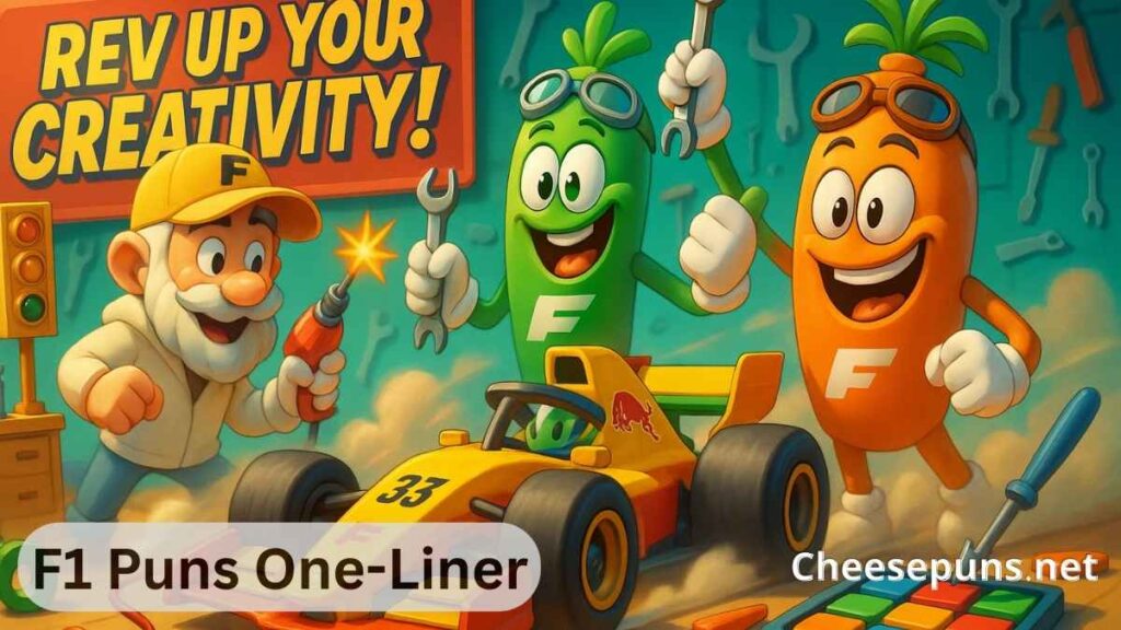 A colorful graphic showcasing 200+ F1 puns, featuring racing cars and playful text to inspire laughter and a love for motorsports
