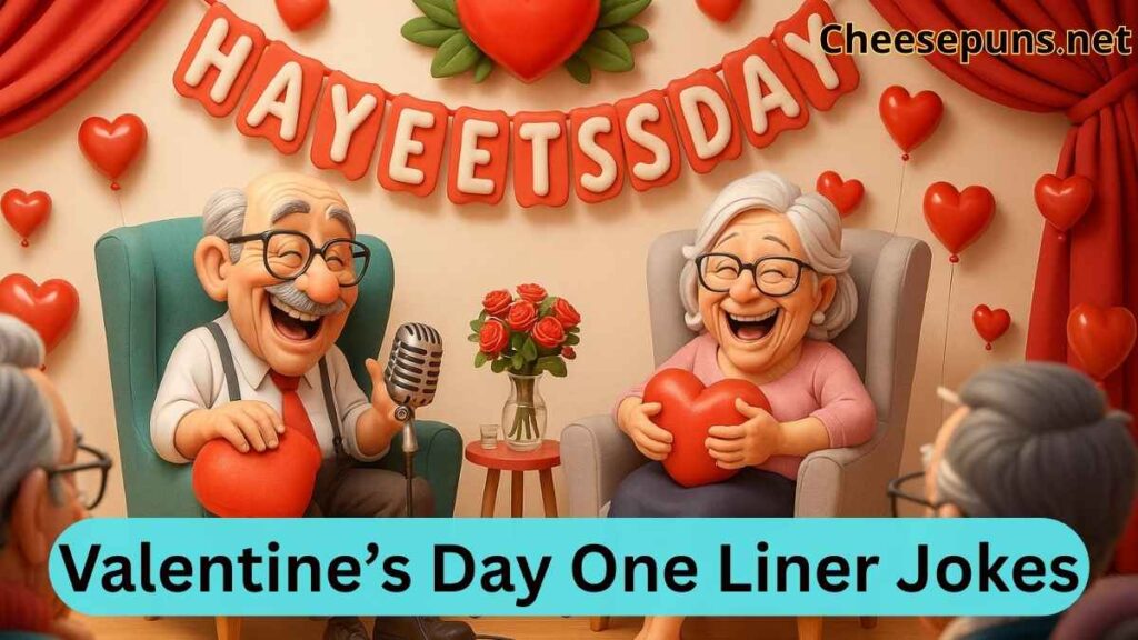 A warm illustration of seniors sharing laughter over Valentine’s Day jokes together.